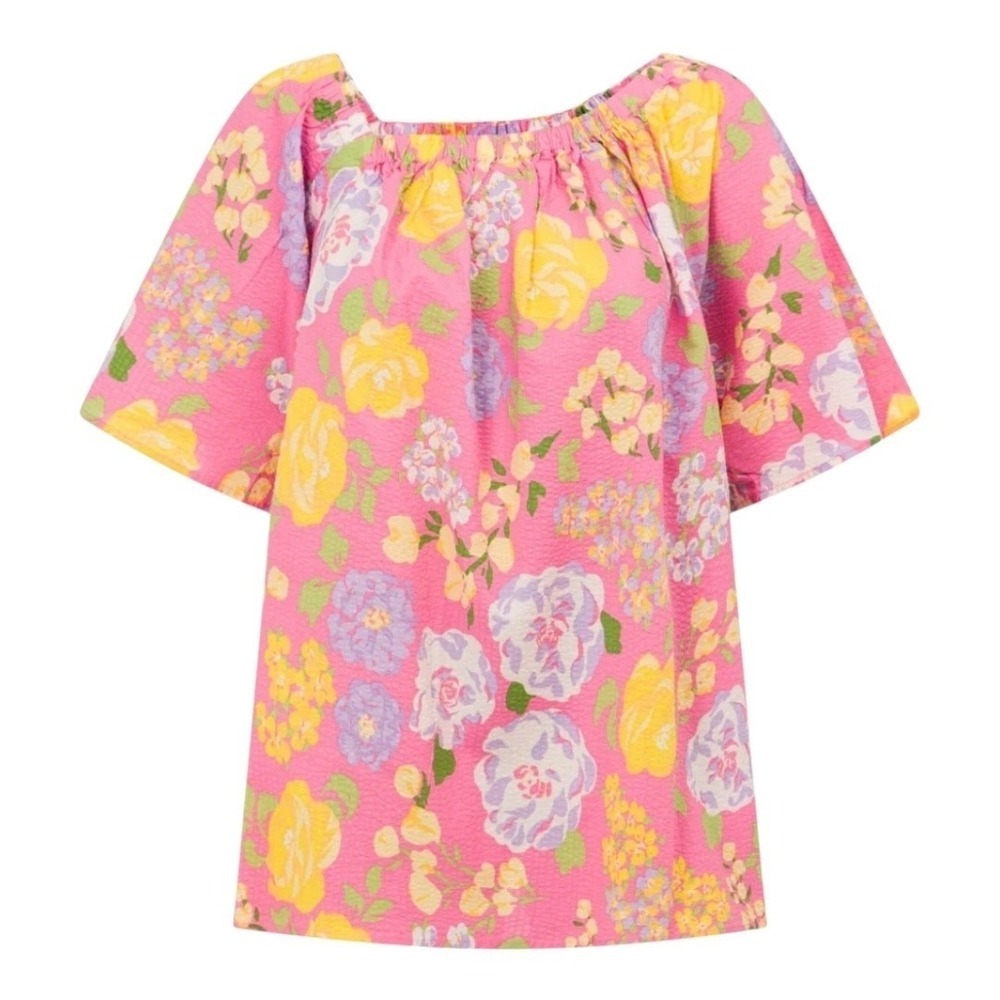 Sabo Top Womens M Pink Floral Off The Shoulder Seersucker Cotton Blouse Boho